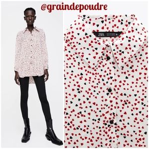 NWT! Zara Silky Red & Black Heart Print Shirt S